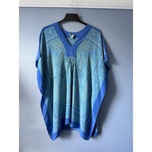 Coldwater Creek 100% Silk Colorful Blue Paisley Tunic Top Sz L/XL Slit‎ Sleeve